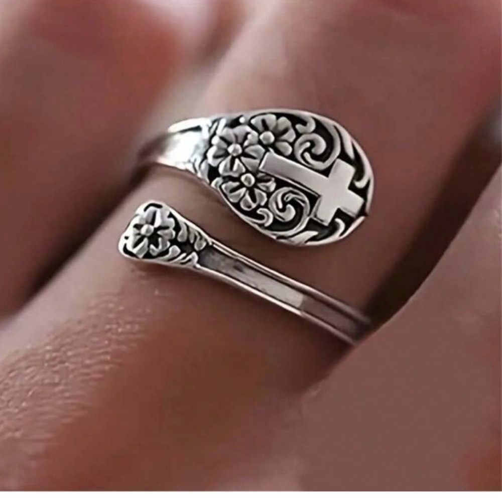 Silver & black Floral Cross Adjustable Ring with Gift Box
